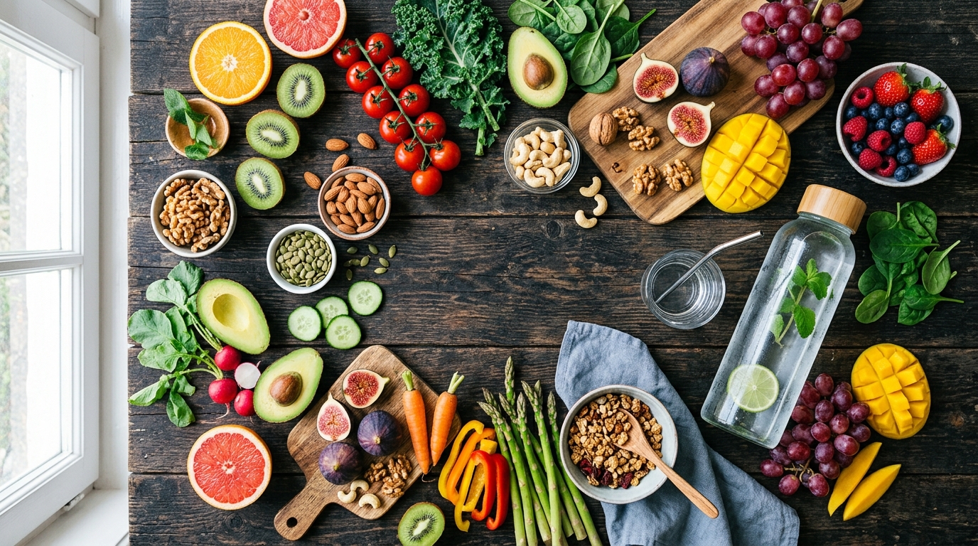 Pestré zdravé jídlo a ovoce na tmavém stole