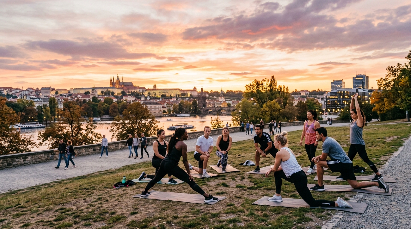 Skupina lidí cvičí venku v městském parku při západu slunce